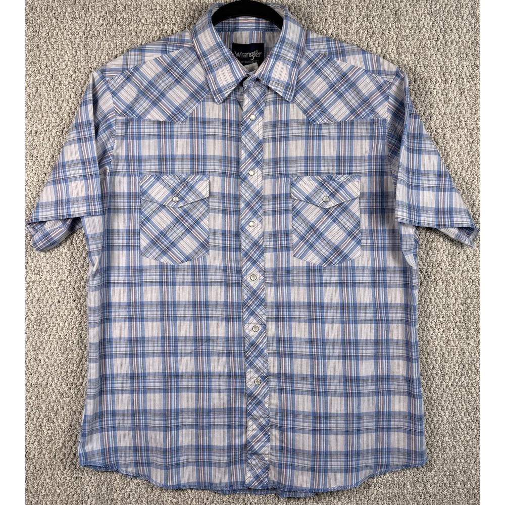 Wrangler Western Plaid Pearl Snap‎ Shirt Blue Cowboy Ranch Mens L